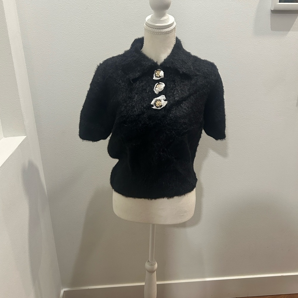 Endless Rose Black Fuzzy Top with Embellished Details
